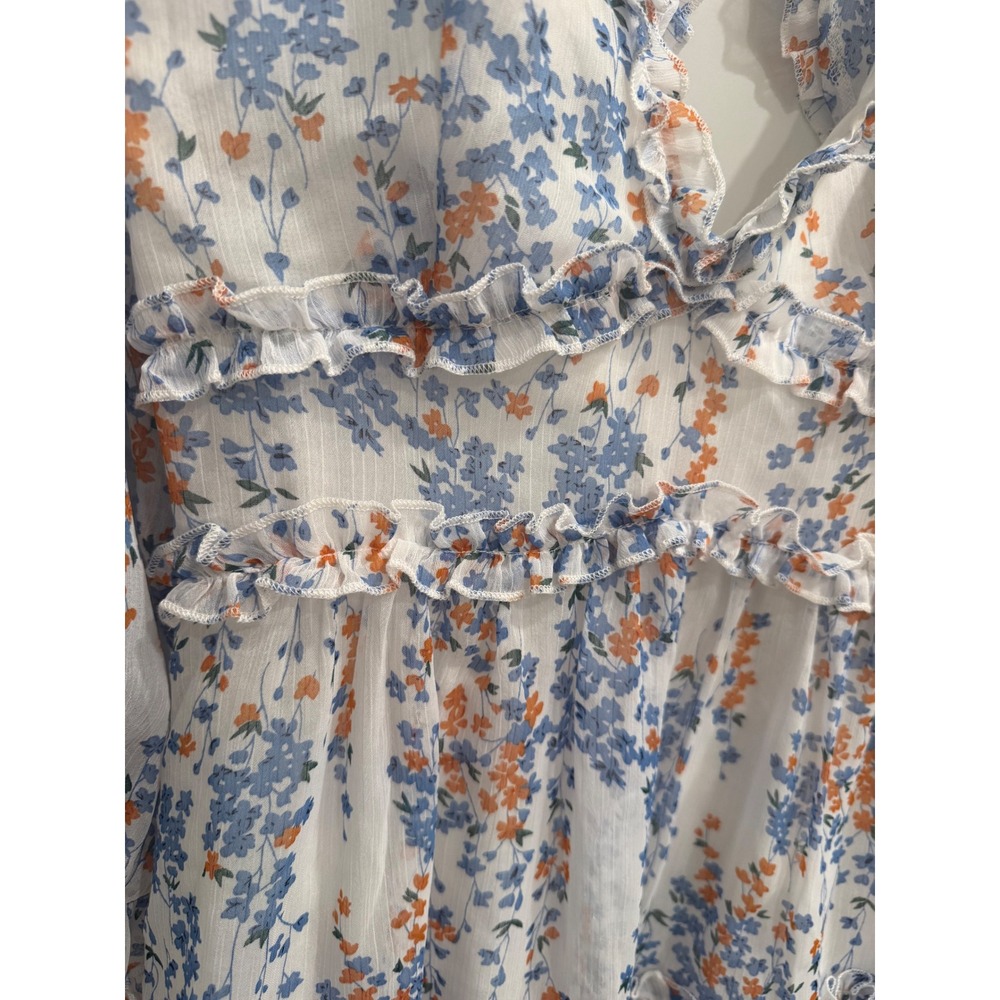 Floral Open Back Ruffle Mini Dress Cottagecore Boho Long Sleeve Women's Large - Picture 4 of 11